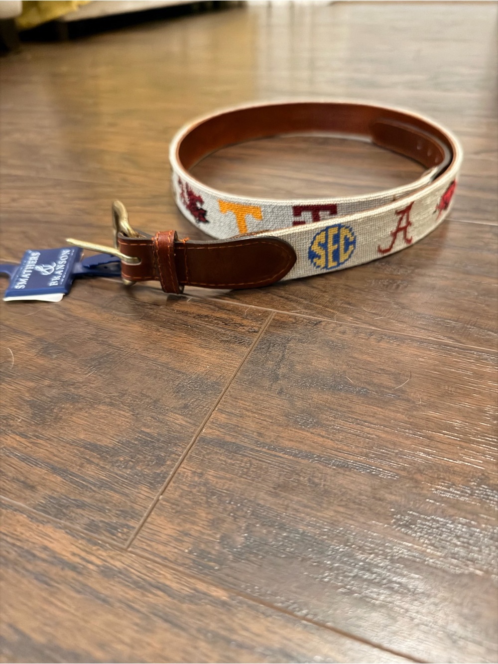 NWT Smathers & Branson SEC needlepoint Canvas Belt with Brown Leather Trim